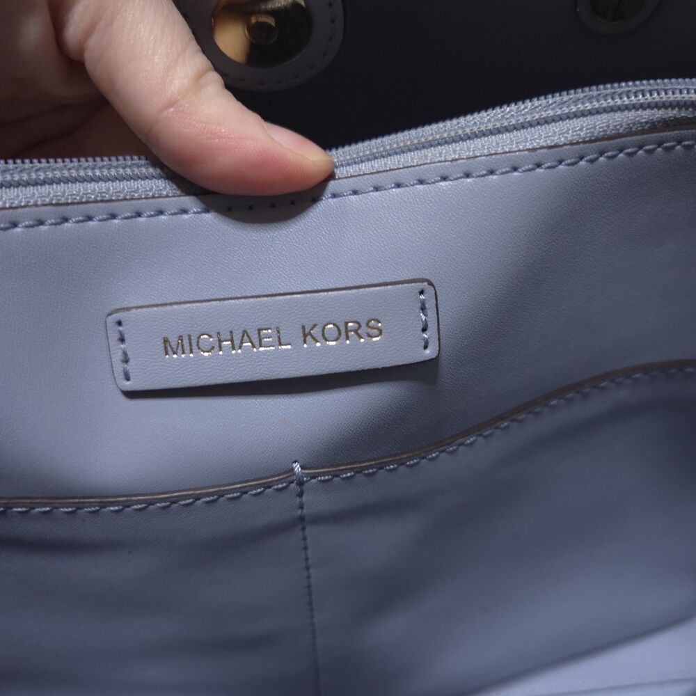 Michael Kors Signature MK Logo Tote Cream/Light Blue Leather Shoulder Bag Walsh - Picture 13 of 13